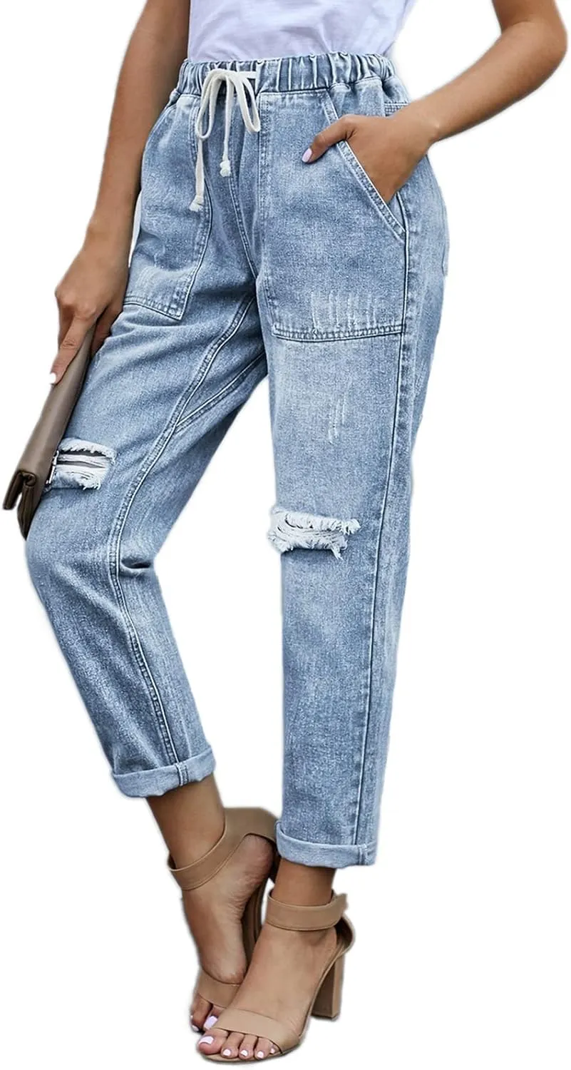 Women’s Casual Pull-on Distressed Stretch Jeans Elastic Waist Jean Denim Joggers Pants