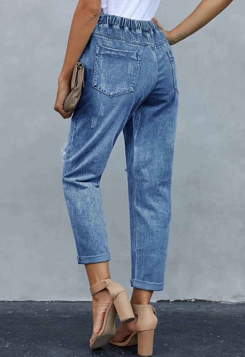 Women’s Casual Pull-on Distressed Stretch Jeans Elastic Waist Jean Denim Joggers Pants