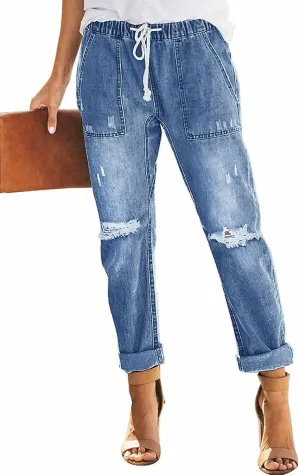 Women’s Casual Pull-on Distressed Stretch Jeans Elastic Waist Jean Denim Joggers Pants