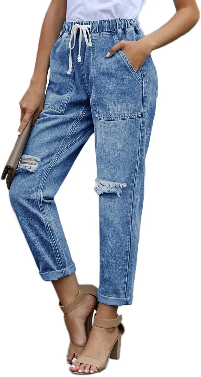 Women’s Casual Pull-on Distressed Stretch Jeans Elastic Waist Jean Denim Joggers Pants