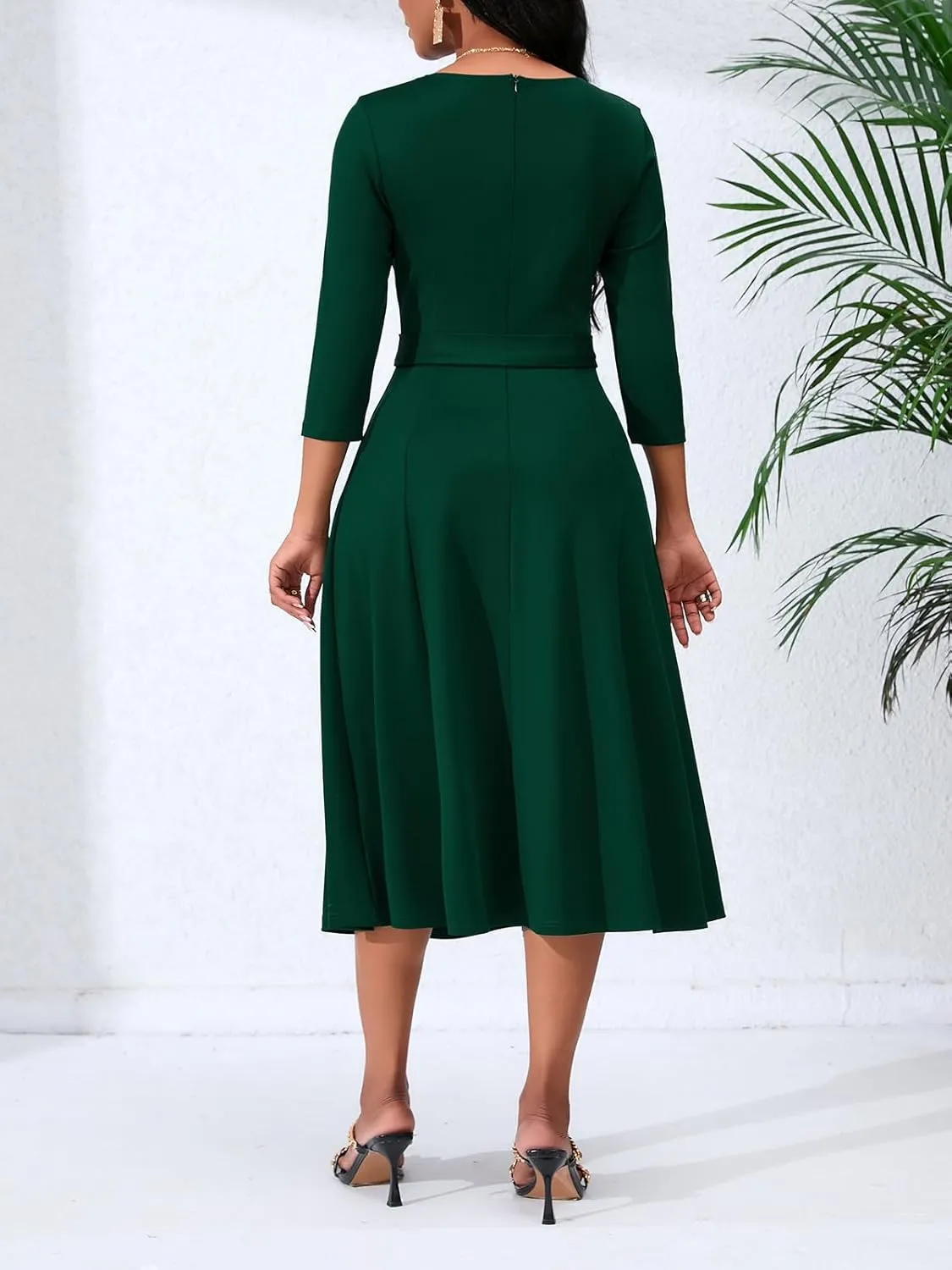 Women's Caual Midi Dress 3/4 Sleeve Crewneck A-line Swing Dress for Women with Belt for Wedding Guest & Cocktail Party