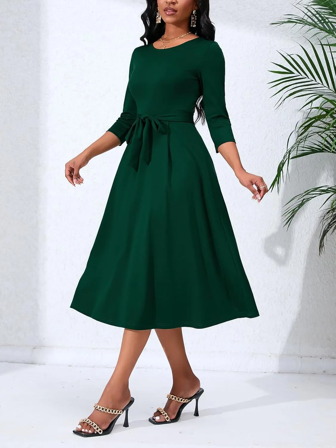 Women's Caual Midi Dress 3/4 Sleeve Crewneck A-line Swing Dress for Women with Belt for Wedding Guest & Cocktail Party
