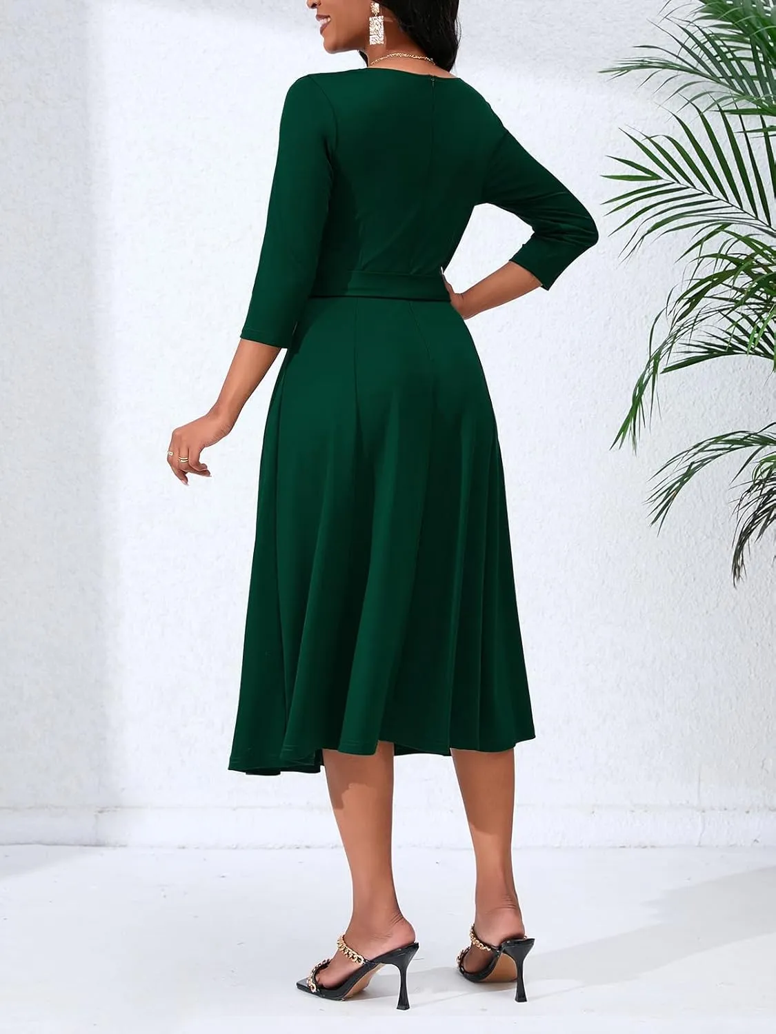 Women's Caual Midi Dress 3/4 Sleeve Crewneck A-line Swing Dress for Women with Belt for Wedding Guest & Cocktail Party