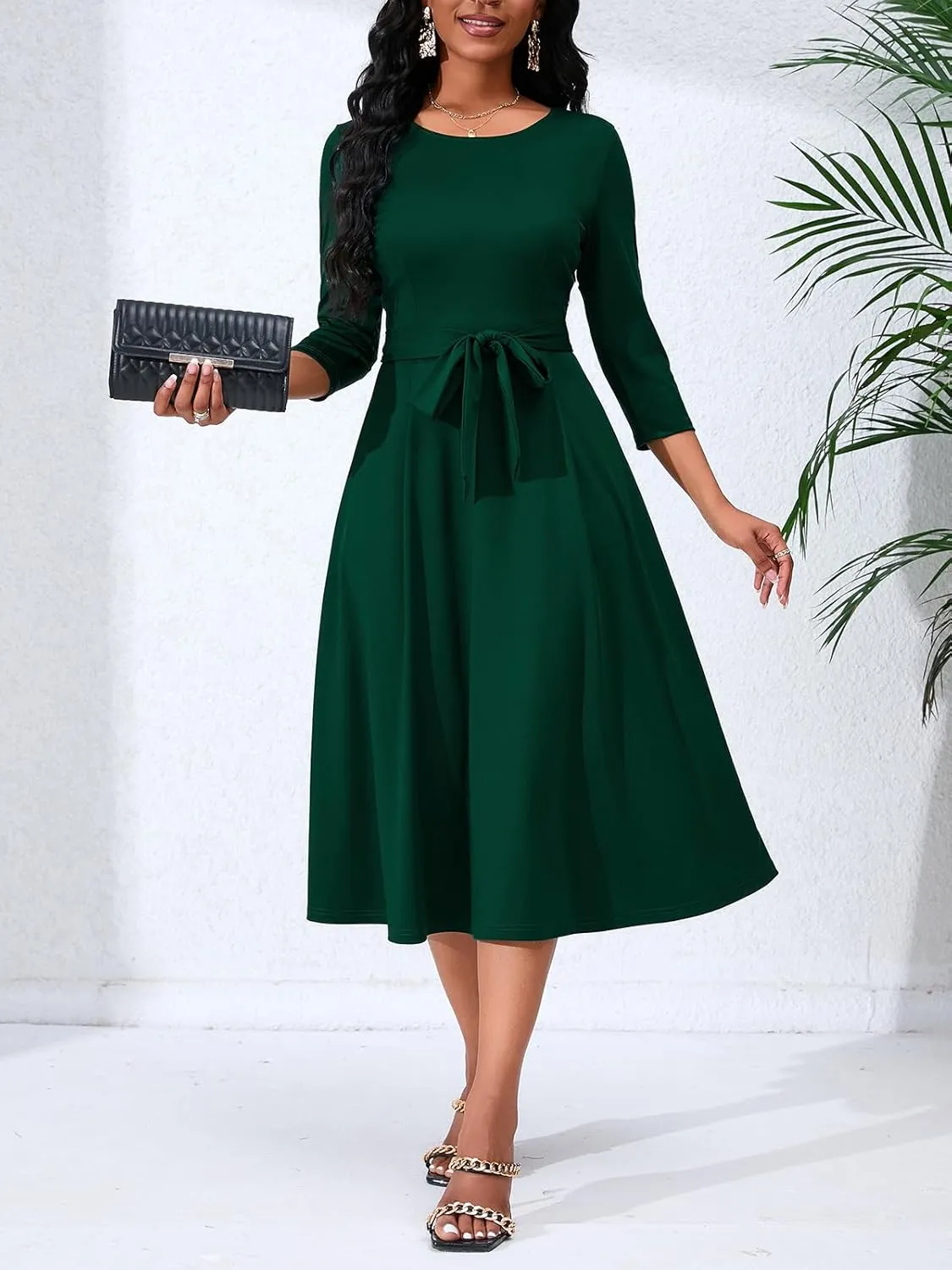 Women's Caual Midi Dress 3/4 Sleeve Crewneck A-line Swing Dress for Women with Belt for Wedding Guest & Cocktail Party