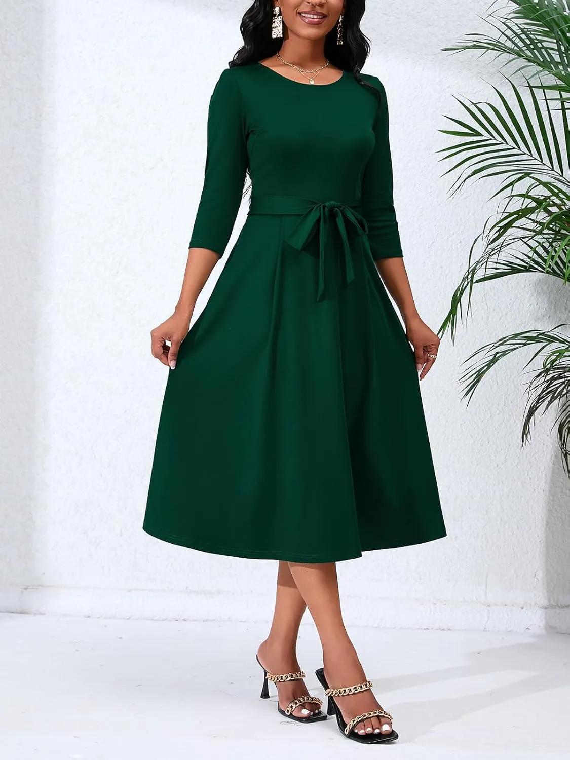 Women's Caual Midi Dress 3/4 Sleeve Crewneck A-line Swing Dress for Women with Belt for Wedding Guest & Cocktail Party