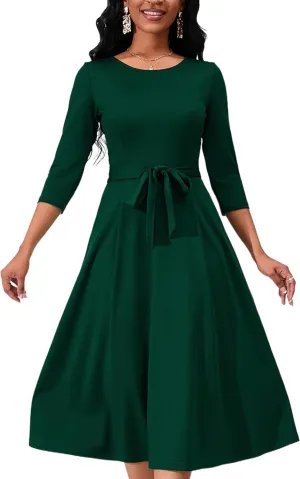 Women's Caual Midi Dress 3/4 Sleeve Crewneck A-line Swing Dress for Women with Belt for Wedding Guest & Cocktail Party