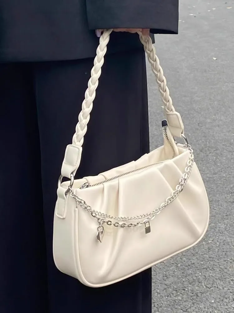Women's Cloud Shoulder Bag Small PU Leather Totes Bag Fashion Pleated Purse Y2k Handbag Satchel with Chain
