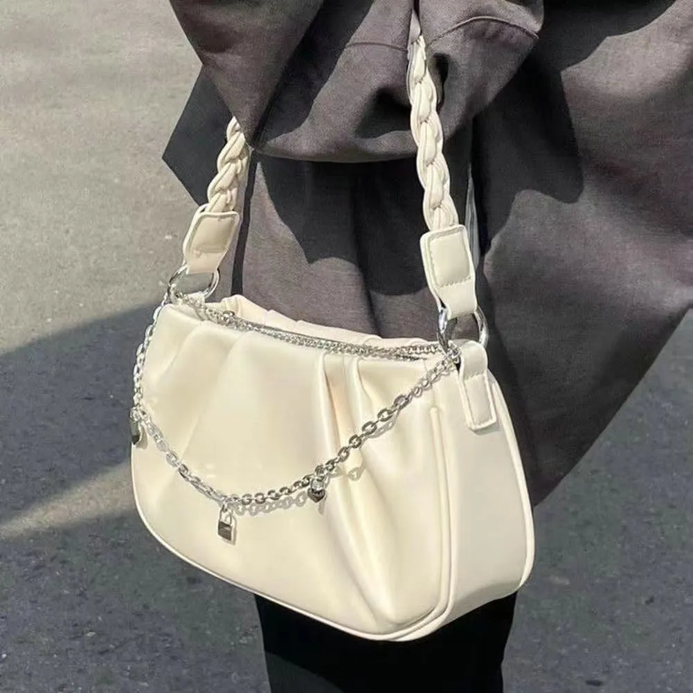 Women's Cloud Shoulder Bag Small PU Leather Totes Bag Fashion Pleated Purse Y2k Handbag Satchel with Chain