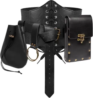 Womens Corset Belt Pouch Waist Bag Fanny Pack Phone Holder Coin Purse Skirt Hikes Loop Hook Medieval Renaissance Costume Sets (Black, L-Waist/32"-43")