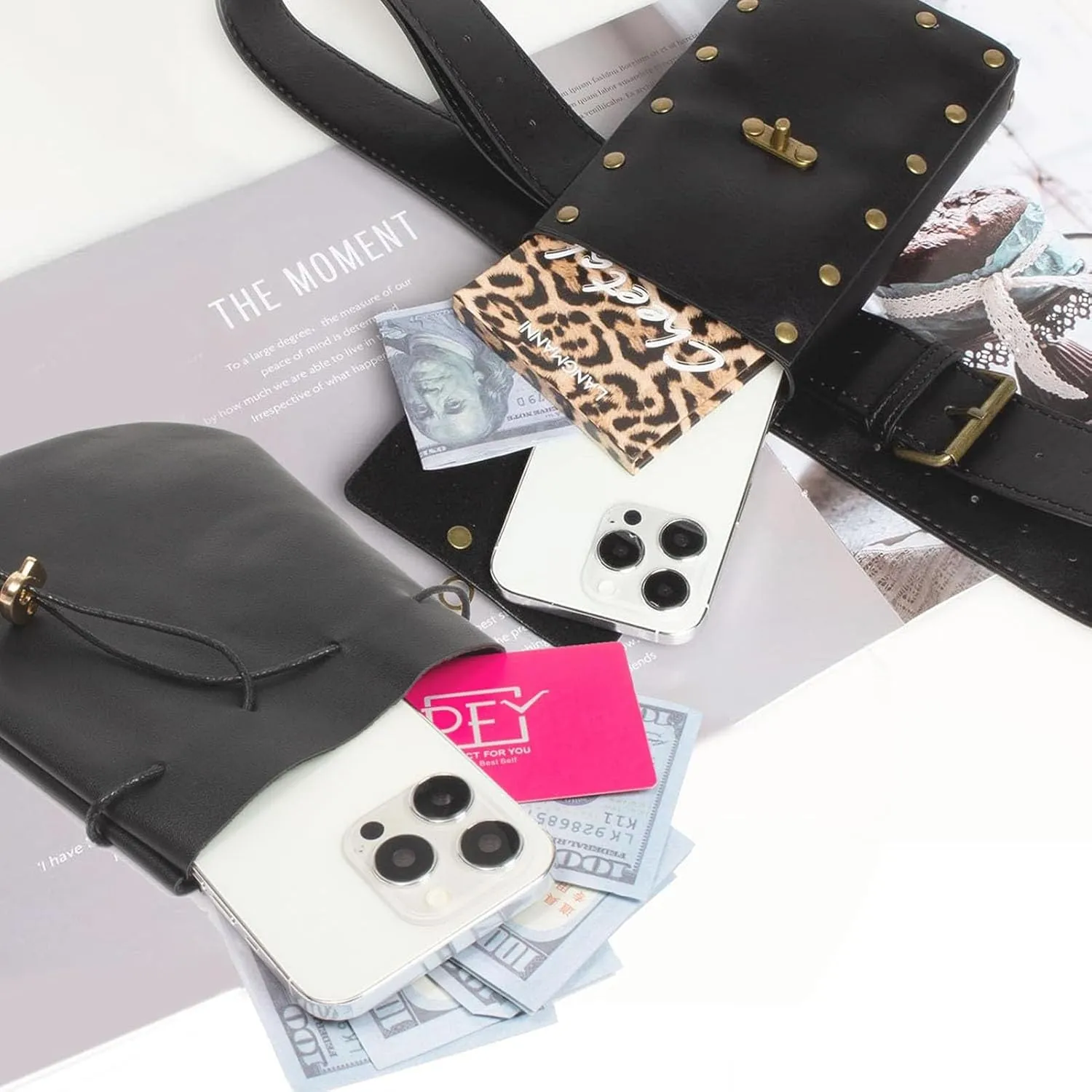 Womens Corset Belt Pouch Waist Bag Fanny Pack Phone Holder Coin Purse Skirt Hikes Loop Hook Medieval Renaissance Costume Sets (Black, L-Waist/32"-43")
