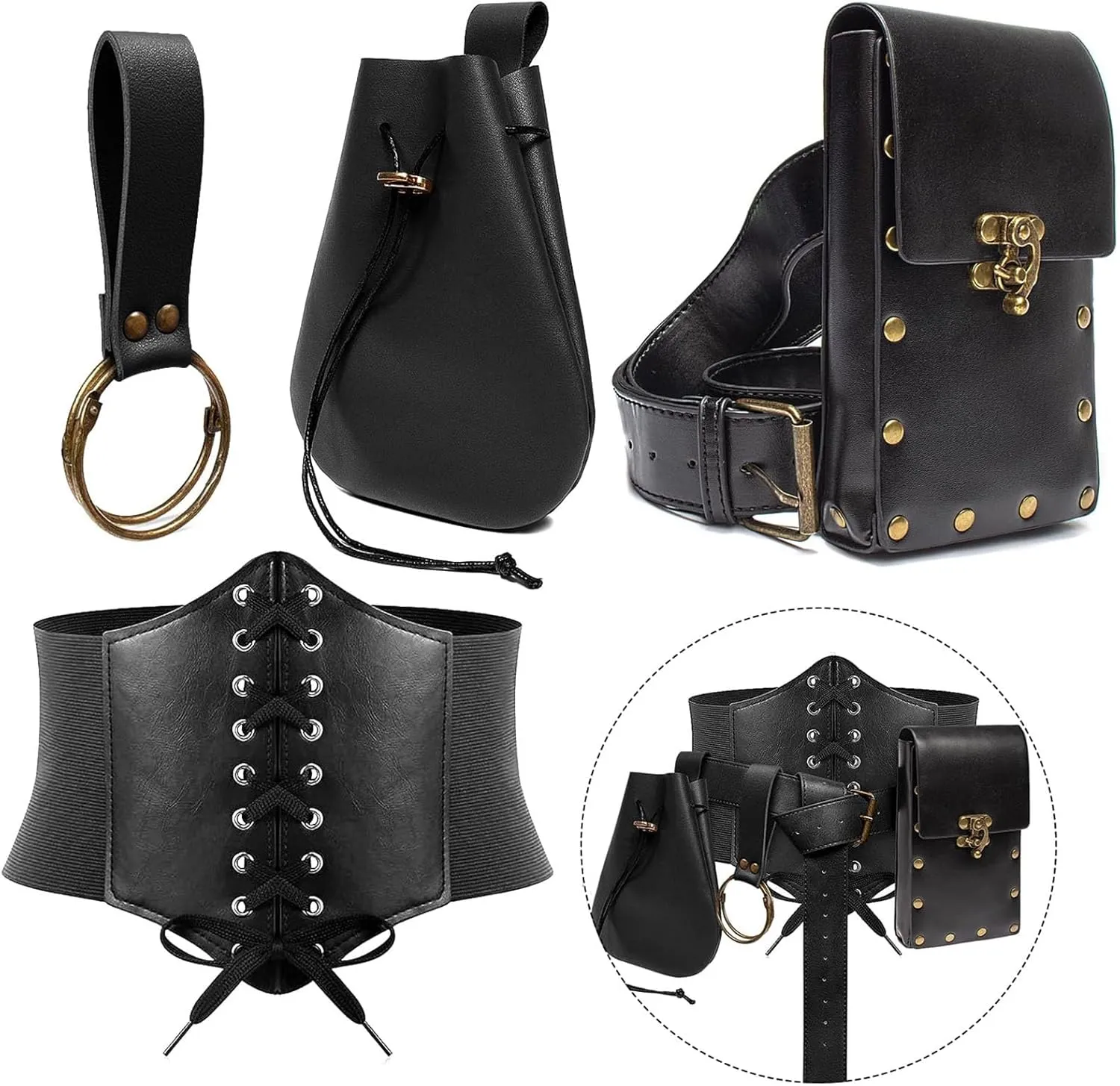 Womens Corset Belt Pouch Waist Bag Fanny Pack Phone Holder Coin Purse Skirt Hikes Loop Hook Medieval Renaissance Costume Sets (Black, L-Waist/32"-43")