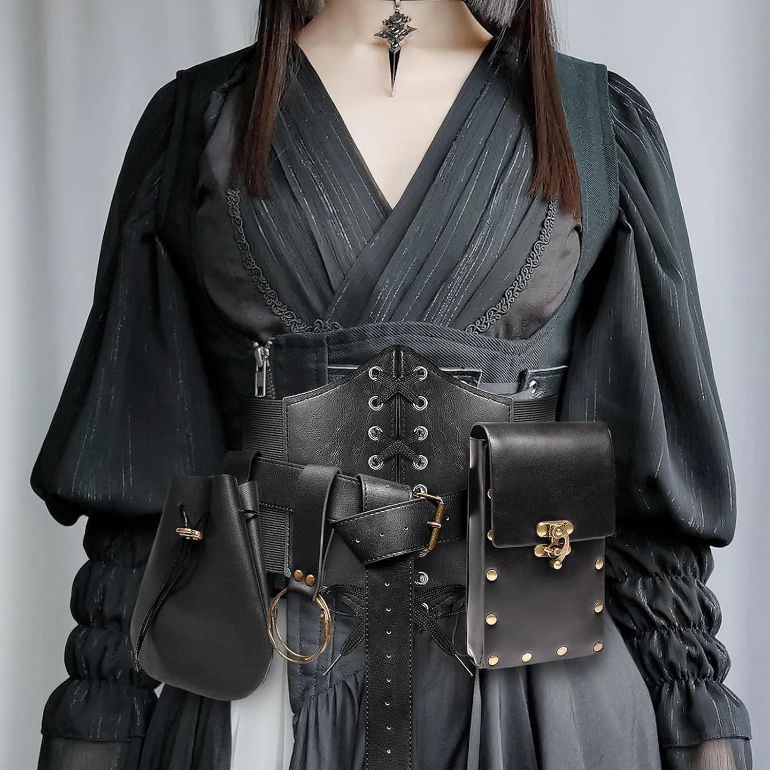 Womens Corset Belt Pouch Waist Bag Fanny Pack Phone Holder Coin Purse Skirt Hikes Loop Hook Medieval Renaissance Costume Sets (Black, L-Waist/32"-43")