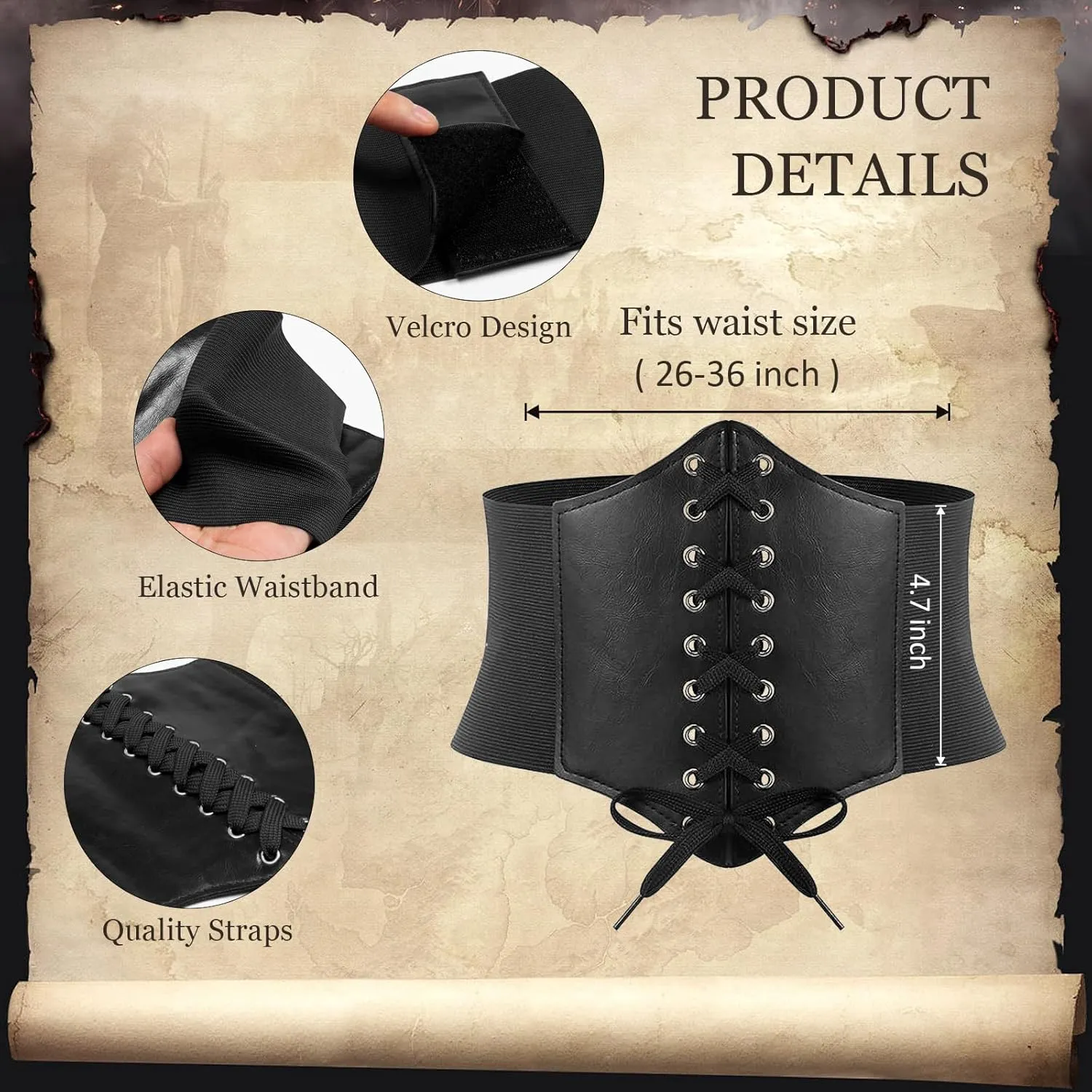 Womens Corset Belt Pouch Waist Bag Fanny Pack Phone Holder Coin Purse Skirt Hikes Loop Hook Medieval Renaissance Costume Sets (Black, L-Waist/32"-43")