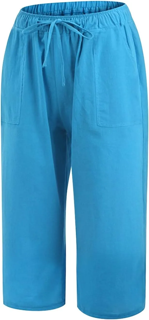 Women's Cotton and Linen Capris Summer Lounges Sweat Pants Loose Fit Plus Size Wide Leg Crop Pants with Pockets