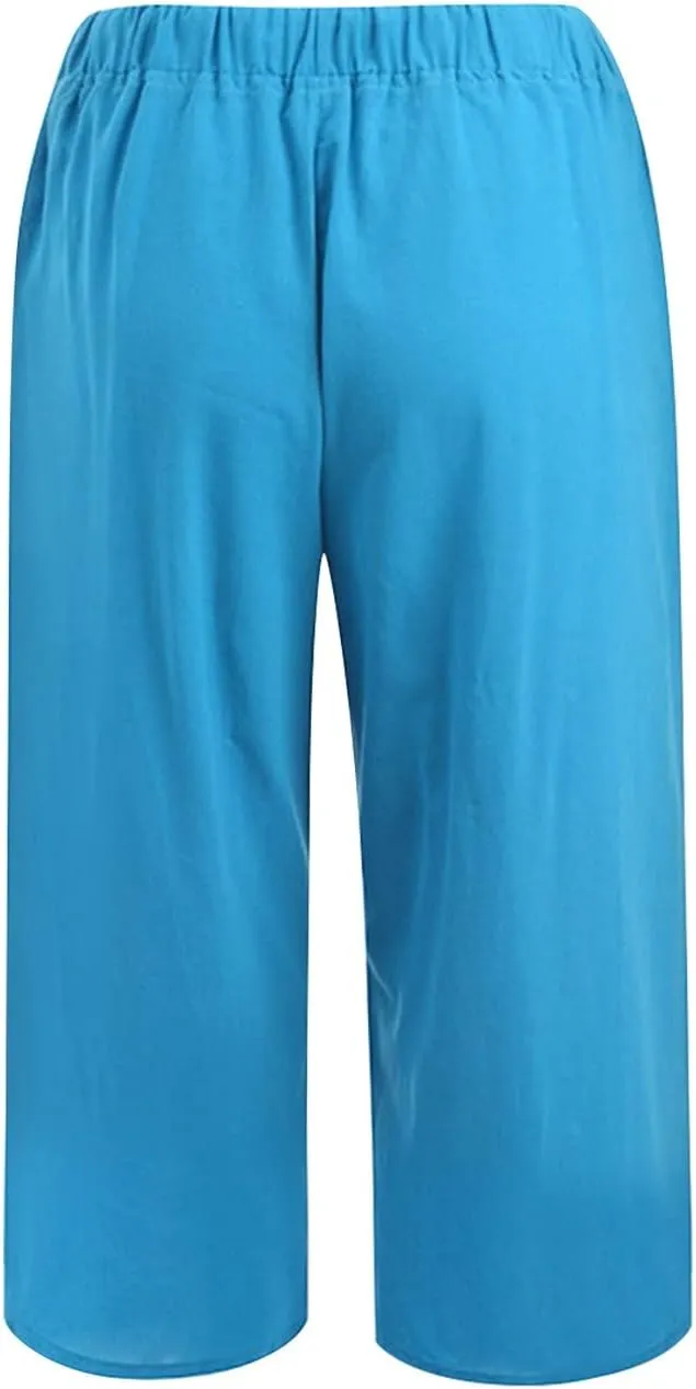 Women's Cotton and Linen Capris Summer Lounges Sweat Pants Loose Fit Plus Size Wide Leg Crop Pants with Pockets