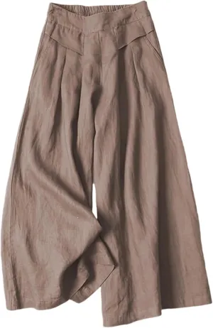 Womens Cotton Linen Palazzo Pants Casual High Elastic Waist Wide Leg Pants Summer Comfortable Flowy Pant