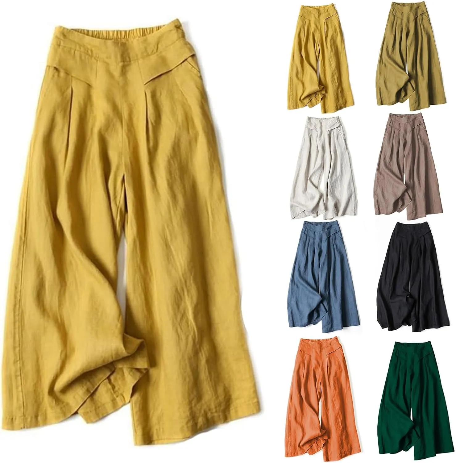 Womens Cotton Linen Palazzo Pants Casual High Elastic Waist Wide Leg Pants Summer Comfortable Flowy Pant