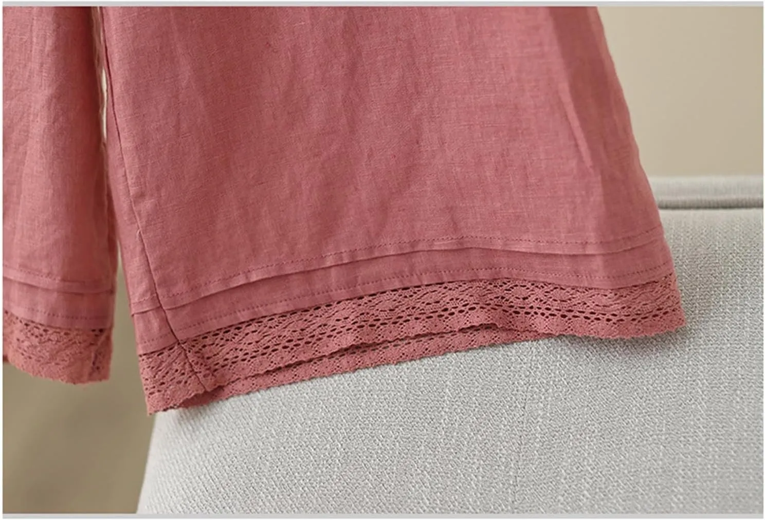 Womens Cotton Linen Pants Elastic Waist Wide Leg Casual Capri Trousers Retro Art Hook Lace Beach Lounge Palazzo Pants