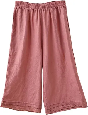 Womens Cotton Linen Pants Elastic Waist Wide Leg Casual Capri Trousers Retro Art Hook Lace Beach Lounge Palazzo Pants