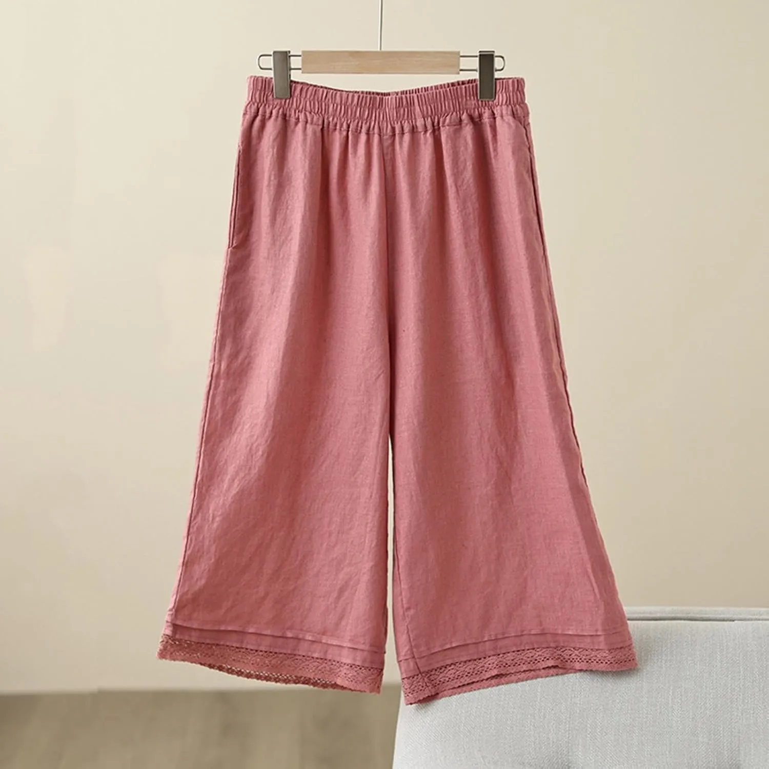Womens Cotton Linen Pants Elastic Waist Wide Leg Casual Capri Trousers Retro Art Hook Lace Beach Lounge Palazzo Pants