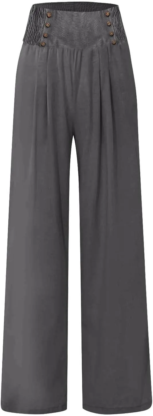 Women's Cotton Linen Pants,Summer Wide Leg Casual Button Elastic High Waist Palazzo Trousers