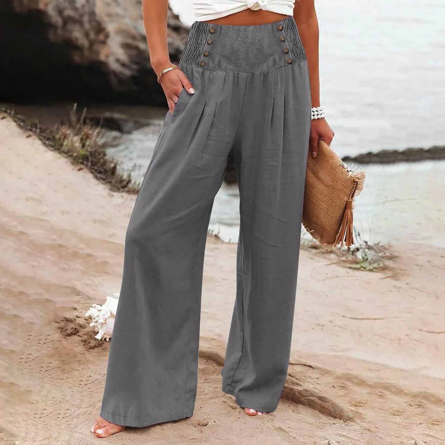 Women's Cotton Linen Pants,Summer Wide Leg Casual Button Elastic High Waist Palazzo Trousers