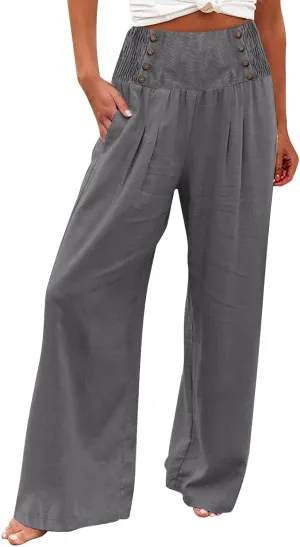 Women's Cotton Linen Pants,Summer Wide Leg Casual Button Elastic High Waist Palazzo Trousers