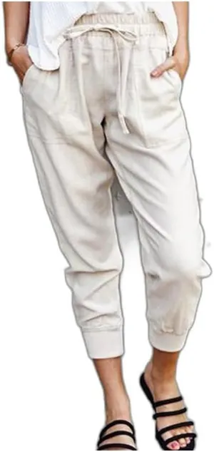 Womens Cotton Linen Skinny Pants Tapered Pants, Drawstring Elastic Waist Pants Casual Nine-Points Pants with Pockets
