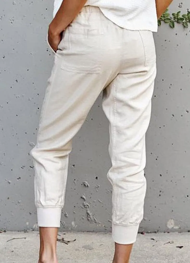 Womens Cotton Linen Skinny Pants Tapered Pants, Drawstring Elastic Waist Pants Casual Nine-Points Pants with Pockets