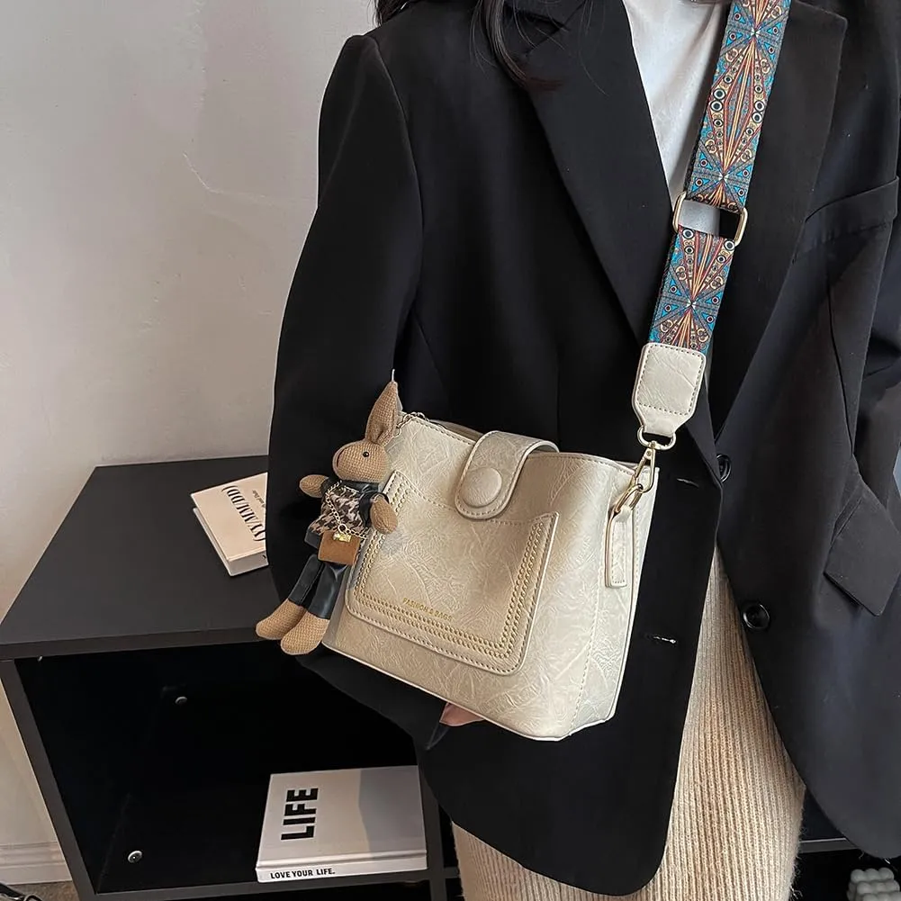 Womens Crossbody Bags Mini Faux Leather Shoulder Bag with Guitar Strap Small Bucket Hobo Bag Purses with Bunny Doll