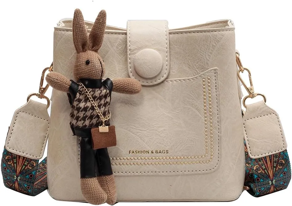 Womens Crossbody Bags Mini Faux Leather Shoulder Bag with Guitar Strap Small Bucket Hobo Bag Purses with Bunny Doll