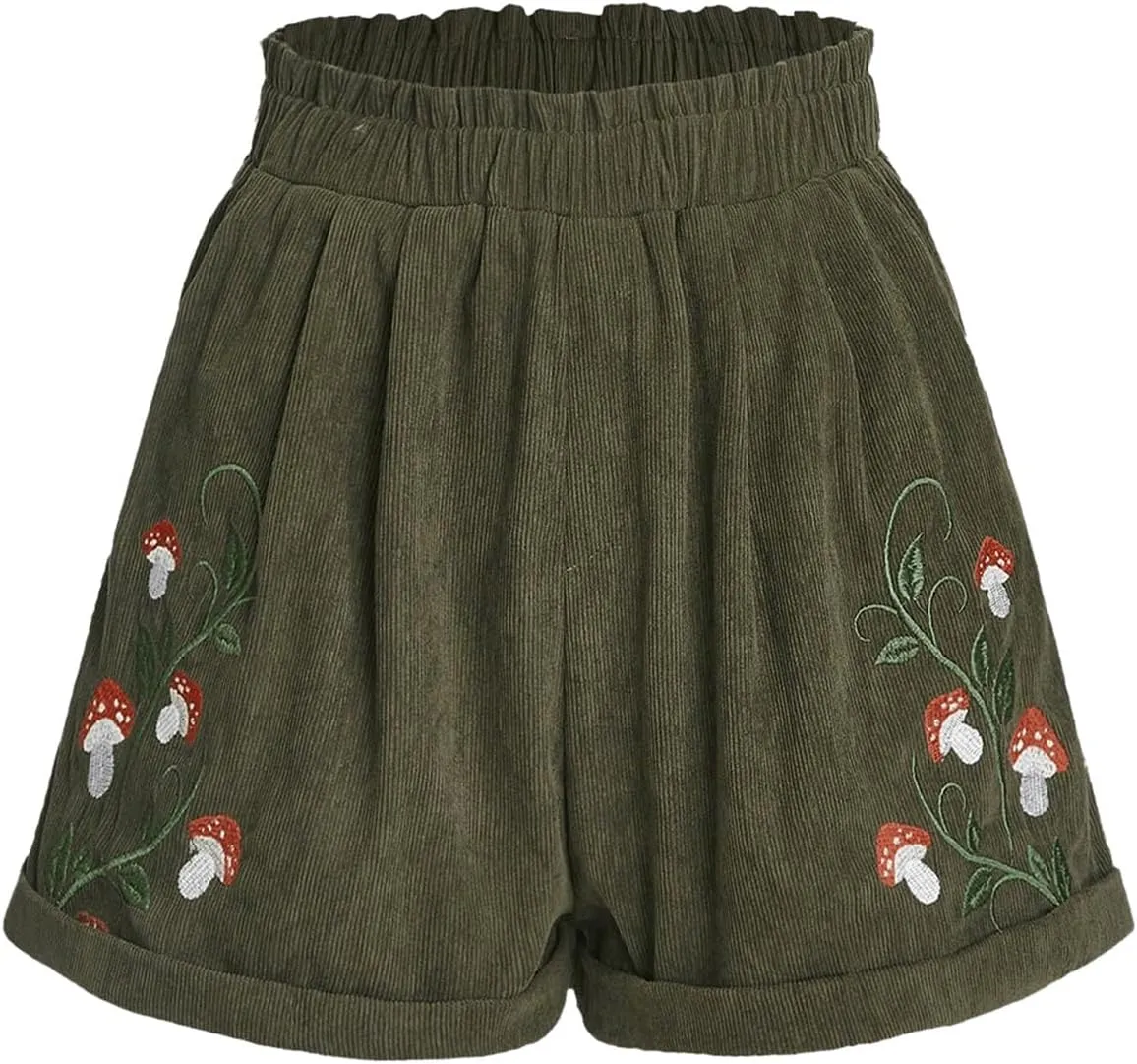 Women's Embroidered Corduroy Shorts Elastic High Waisted Straight Leg Casual Lounge Shorts