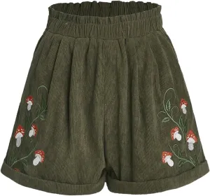 Women's Embroidered Corduroy Shorts Elastic High Waisted Straight Leg Casual Lounge Shorts