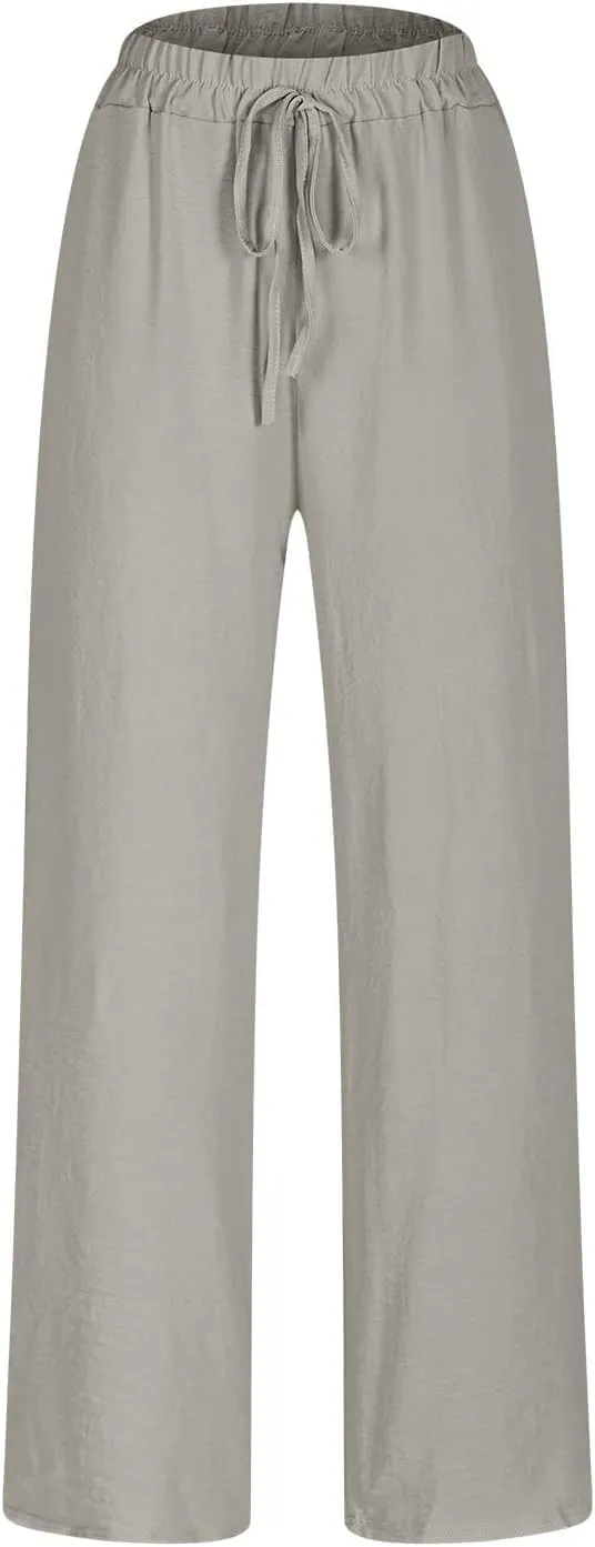 Women's High Waist Elastic Waist Lounge Pant Solid Color Cotton Linen Casual Pant Lightweight Thin Beach Trousers