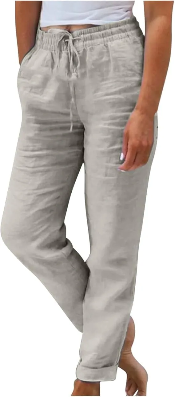 Women's High Waist Elastic Waist Lounge Pant Solid Color Cotton Linen Casual Pant Lightweight Thin Beach Trousers