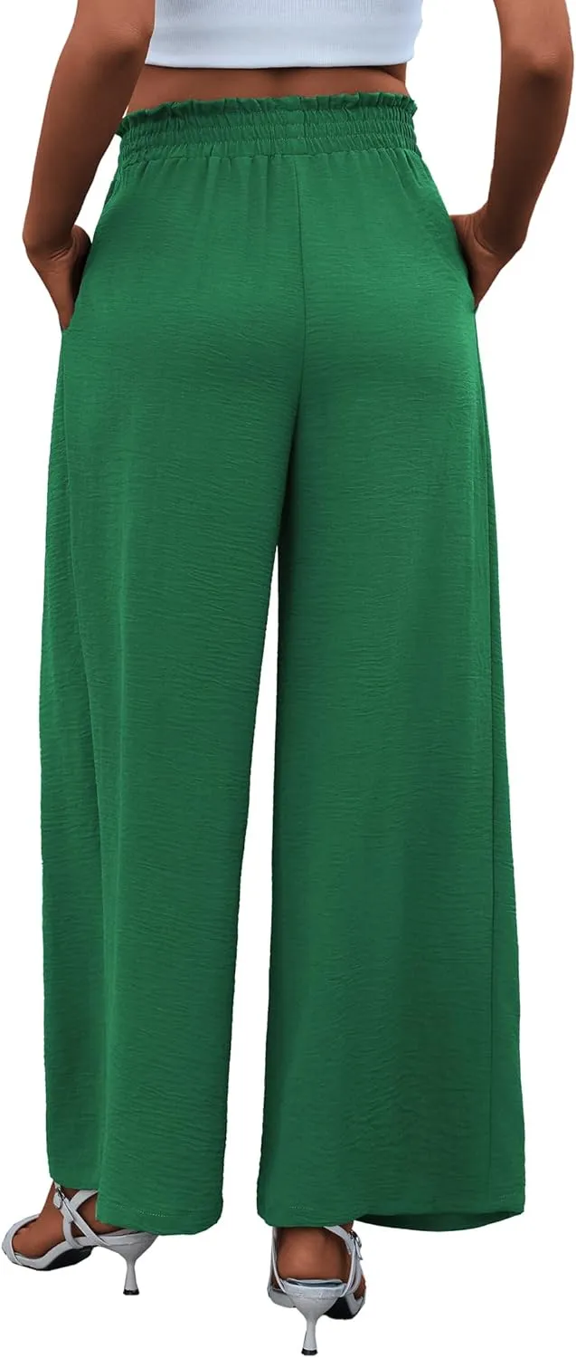 Women's High Waist Wide Leg Long Palazzo Pants Front Knot Tie Elastic Trousers with Pockets Lounge Business Work Pants