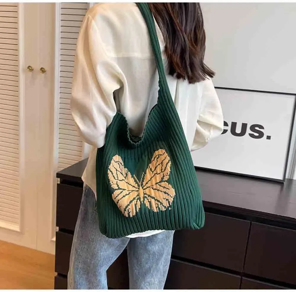 Women's knitted handbag, Butterfly shoulder bag, cute wool woven bag Crochet Hobo Bags