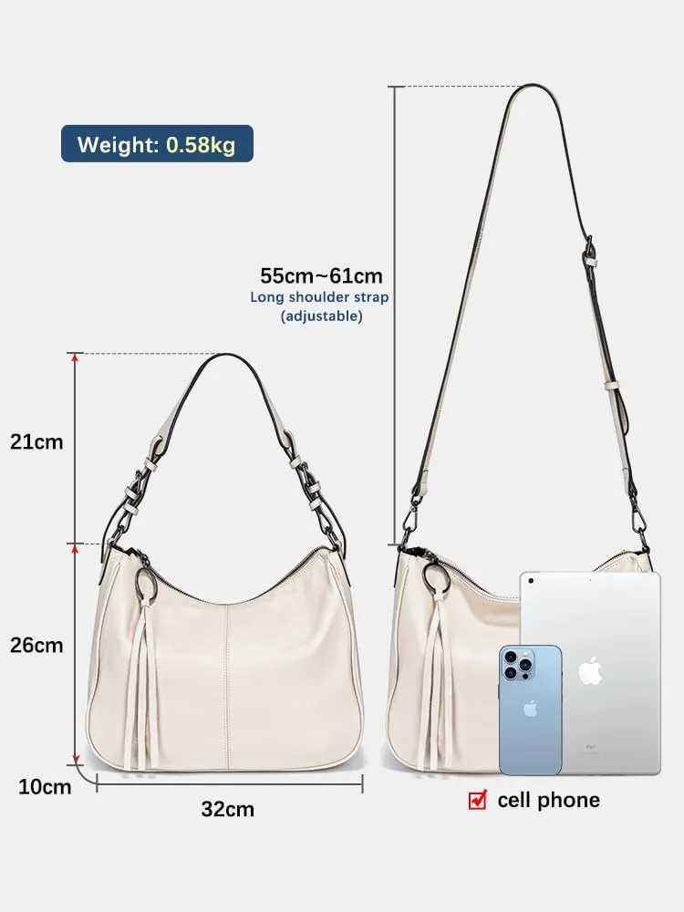 Women's Large Shoulder Leather Hobo Bag, with Adjustable and Detachable Shoulder Strap