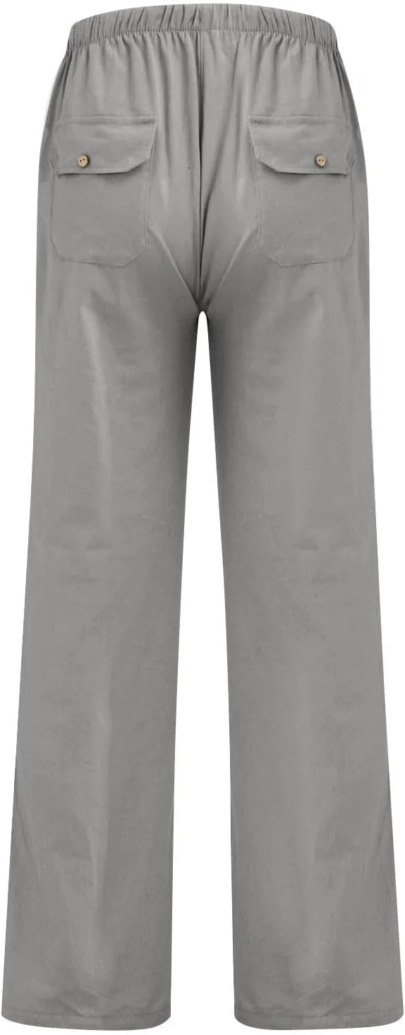 Womens' Linen Cotton High Waisted Drawstring Pants Loose Fit Elastic Waist Athleisure Long Pant Fashion Boho Trousers