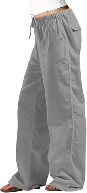 Womens' Linen Cotton High Waisted Drawstring Pants Loose Fit Elastic Waist Athleisure Long Pant Fashion Boho Trousers