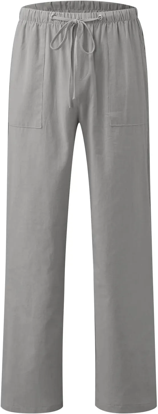 Womens' Linen Cotton High Waisted Drawstring Pants Loose Fit Elastic Waist Athleisure Long Pant Fashion Boho Trousers