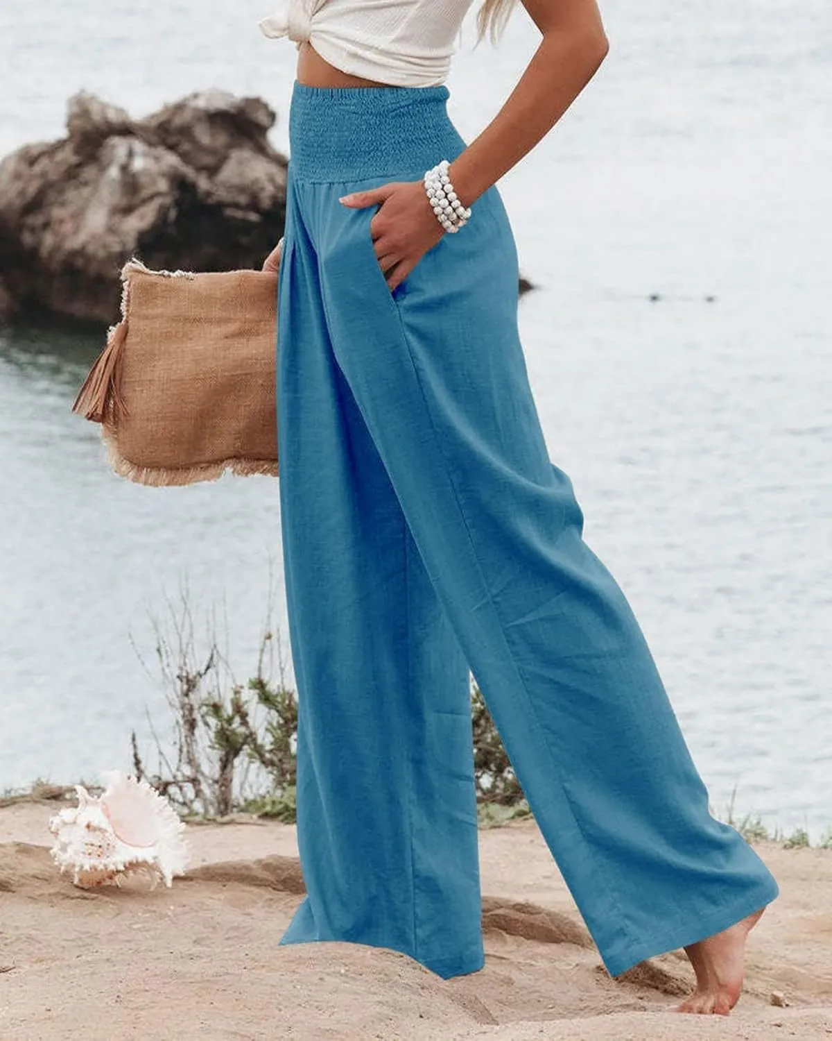 Womens Linen Palazzo Pants Casual Wide Leg High Waist Pant 2025 Summer Flowy Boho Beach Travel Vacation Outfits