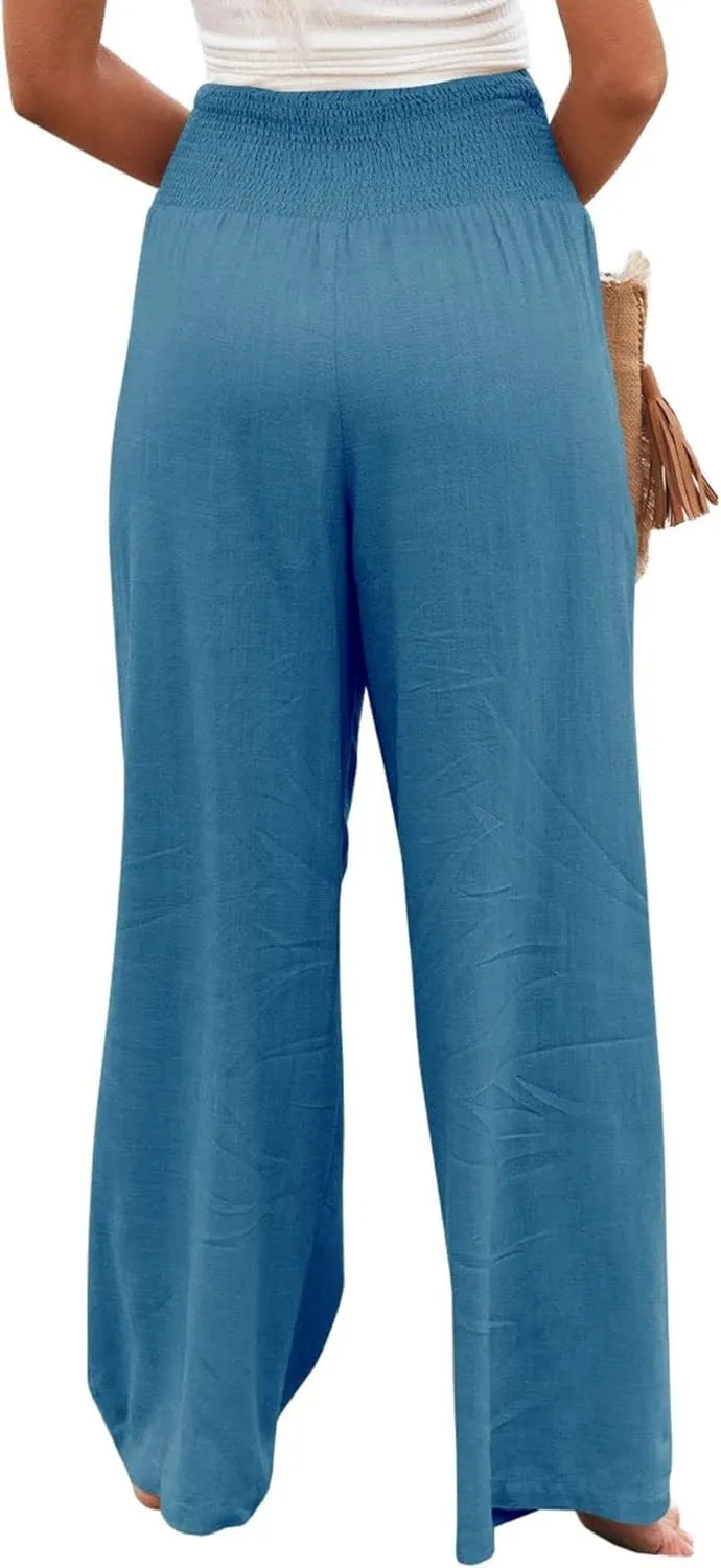Womens Linen Palazzo Pants Casual Wide Leg High Waist Pant 2025 Summer Flowy Boho Beach Travel Vacation Outfits