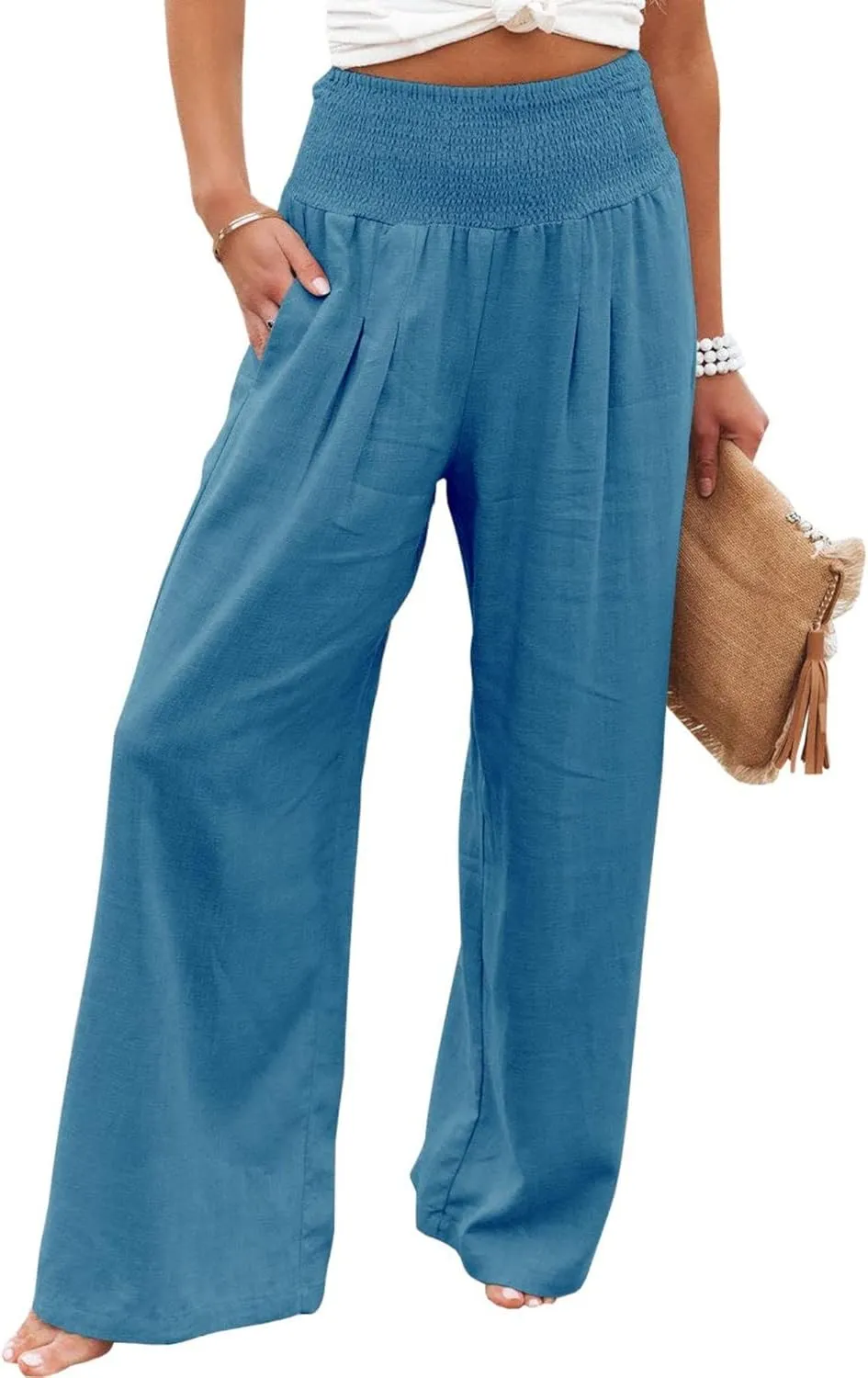 Womens Linen Palazzo Pants Casual Wide Leg High Waist Pant 2025 Summer Flowy Boho Beach Travel Vacation Outfits