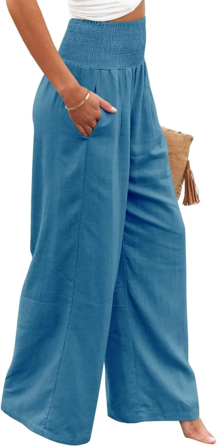 Womens Linen Palazzo Pants Casual Wide Leg High Waist Pant 2025 Summer Flowy Boho Beach Travel Vacation Outfits