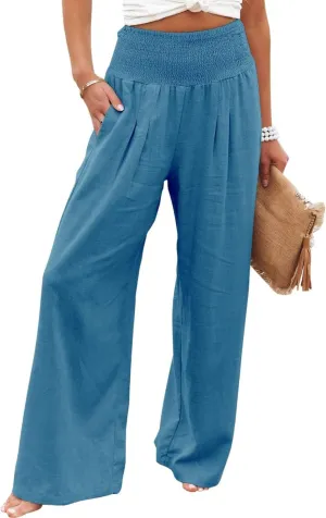 Womens Linen Palazzo Pants Casual Wide Leg High Waist Pant 2025 Summer Flowy Boho Beach Travel Vacation Outfits