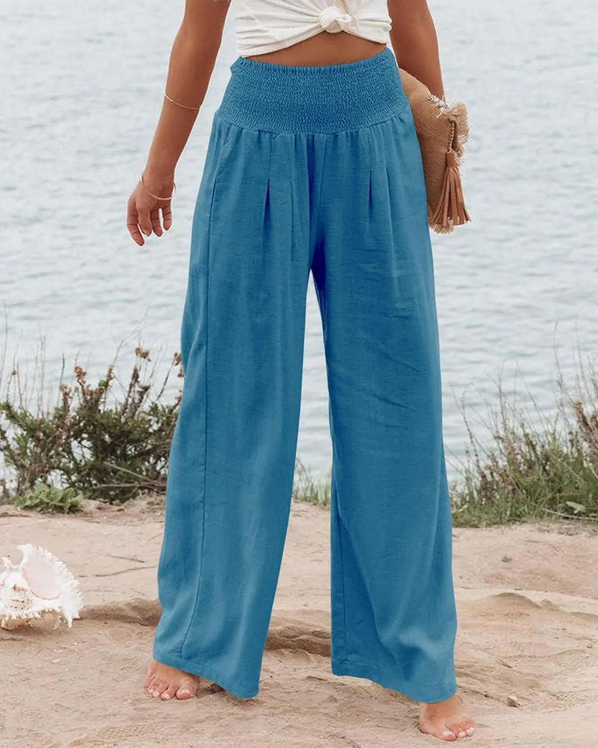 Womens Linen Palazzo Pants Casual Wide Leg High Waist Pant 2025 Summer Flowy Boho Beach Travel Vacation Outfits