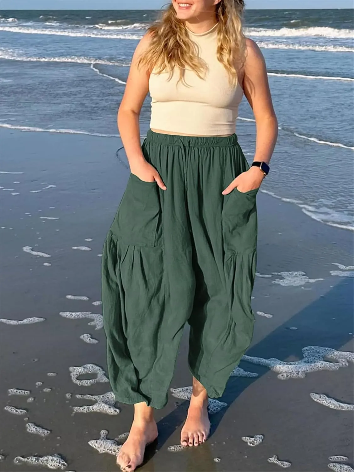 Womens Linen Pants Summer High Waisted Wide Leg Pants Casual Lightweight Drawstring Elastic Waist Pant with Pockets