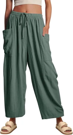 Womens Linen Pants Summer High Waisted Wide Leg Pants Casual Lightweight Drawstring Elastic Waist Pant with Pockets