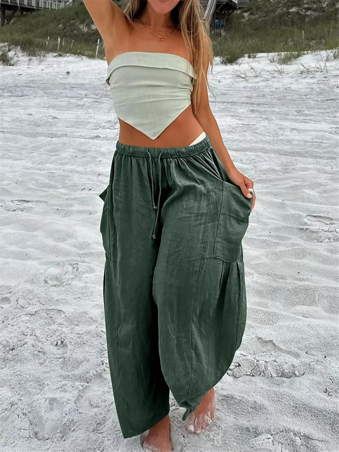 Womens Linen Pants Summer High Waisted Wide Leg Pants Casual Lightweight Drawstring Elastic Waist Pant with Pockets